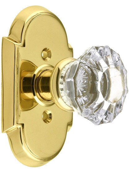 Arched Rosette Set With Fluted Crystal Knobs in Polished Brass.
